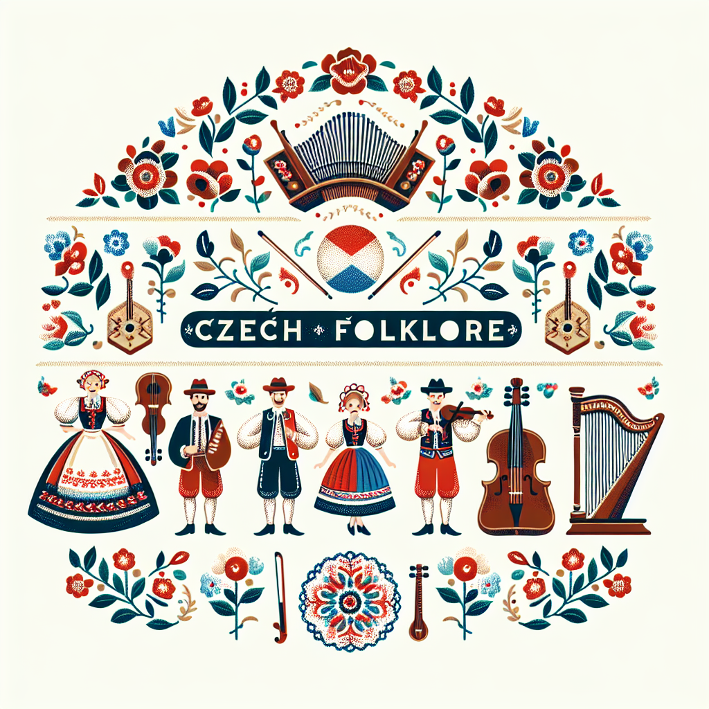 Logo pro web „Czech Folklore“ věnovaný lidové kultuře Česka. Styl tradiční a přívětivý. Prvky: motivy českého kroje, cimbál, husličky, tanečník/tanečnice, květinové výšivky. Barvy: červená, modrá, bílá, zelená – inspirované folklórní výzdobou. Font: rustikální nebo ručně psaný, evokující tradici a teplo domova.